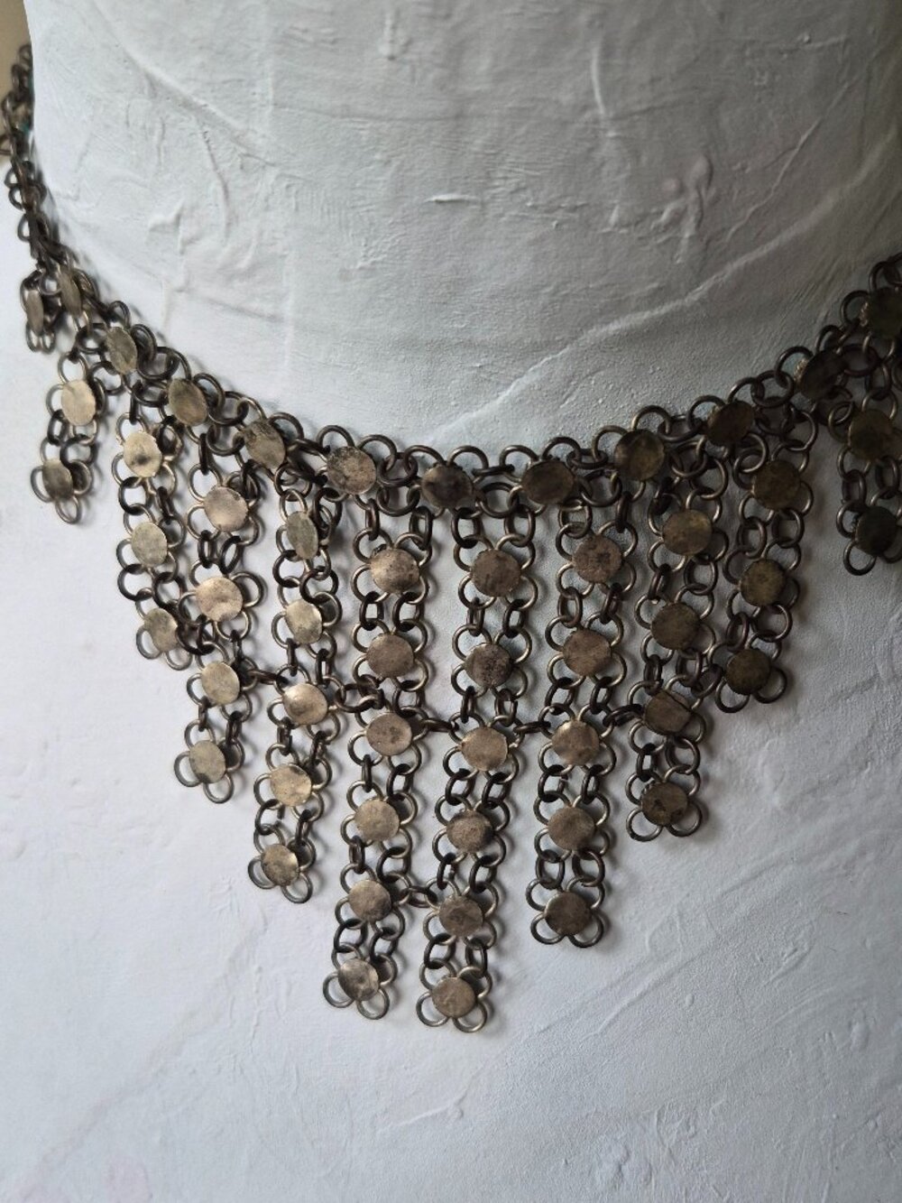 Vintage Brass Chainmail Turquoise silver tone Bib Choker Tribal Boho Necklace - Picture 3 of 9